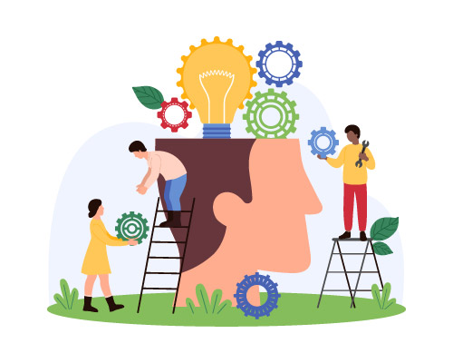 Illustration of two people standing on ladders, working on a large human head filled with gears and a lightbulb. The scene suggests ideas or problem-solving. The background includes leaves and grass.